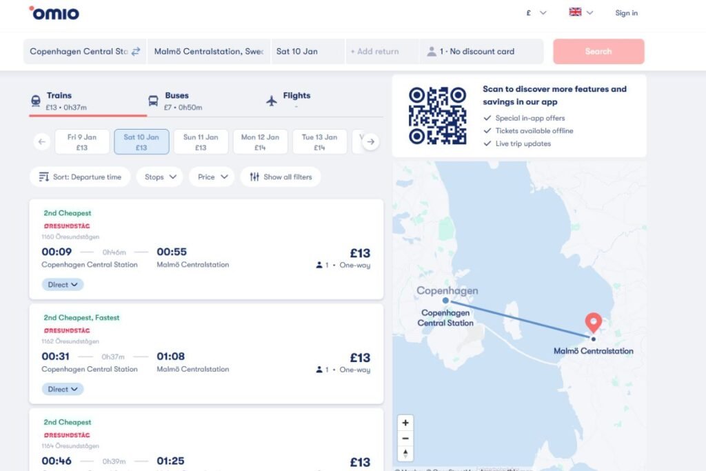Book a ticket via Omio from Copenhagen to Malmö