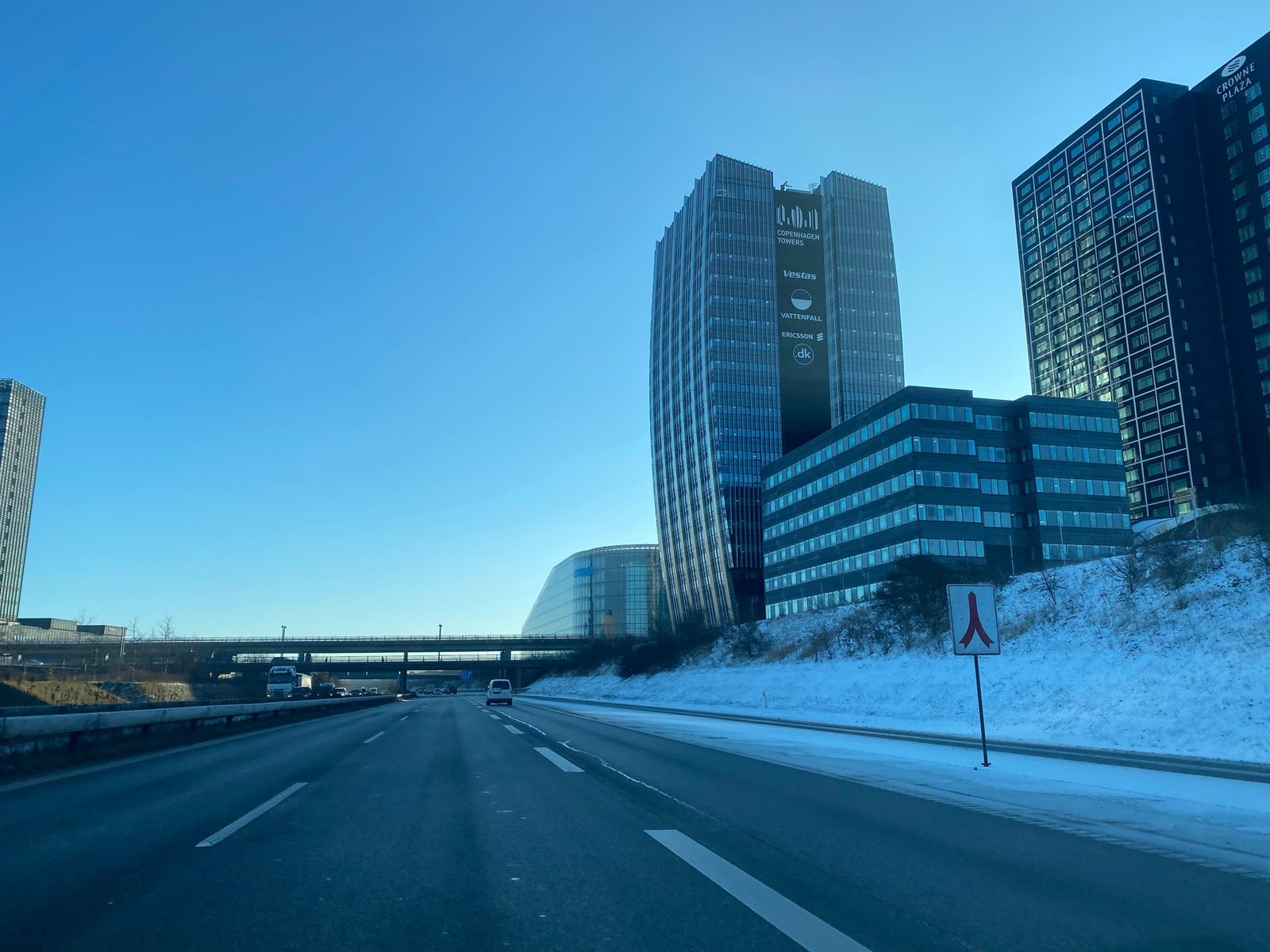 The office towers of Ørestad in Copenhagen along the E20, on the way to the Øresund Bridge