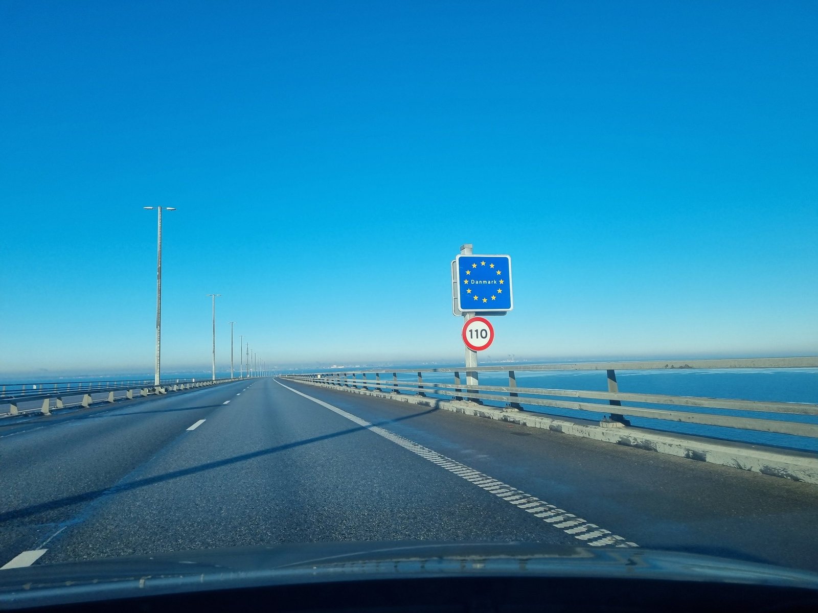 The Danmark sign on the Øresund Bridge marks the border between Sweden and Denmark