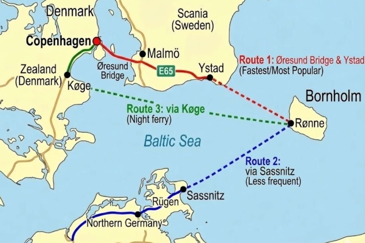 Map of the three ferry routes to Bornholm