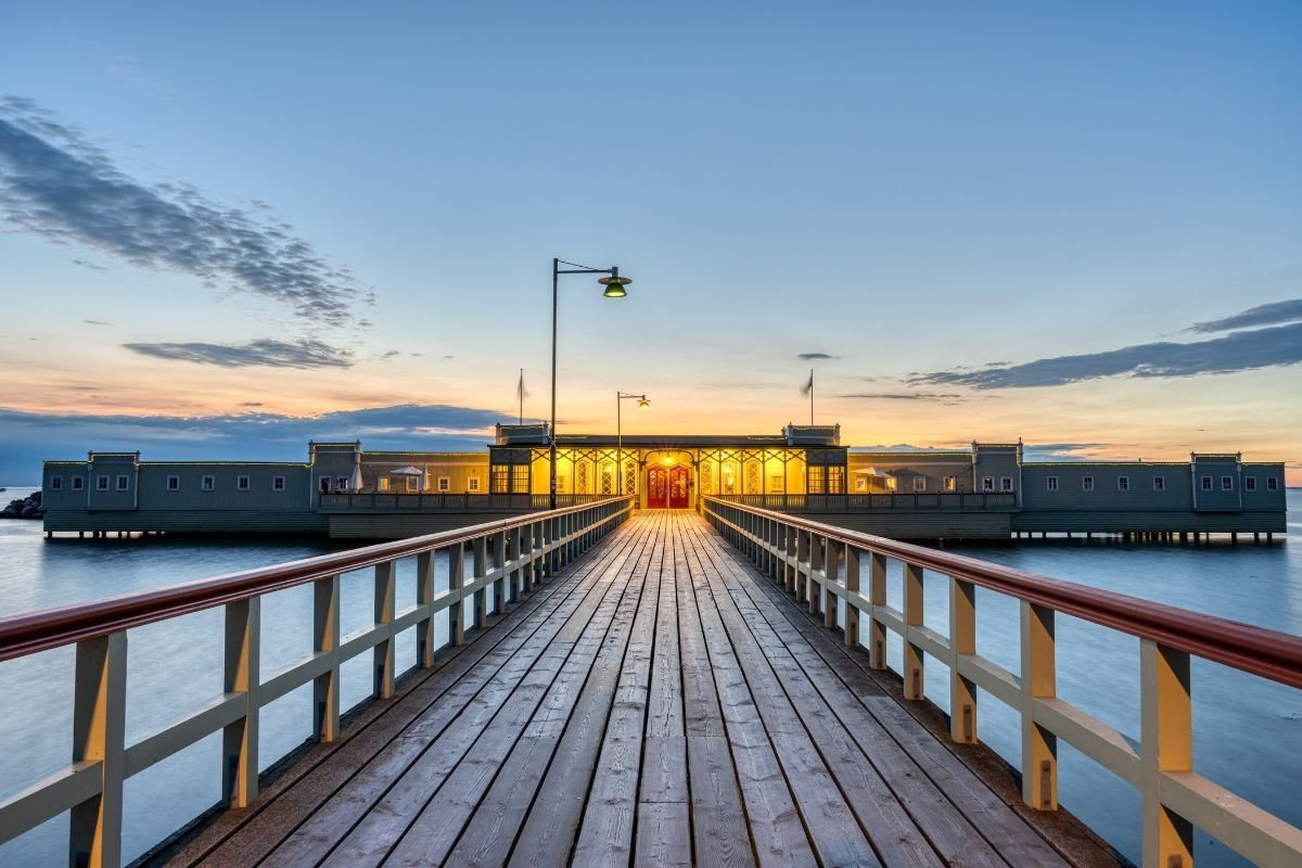 The pier to Ribersborgs Kallbadhus in Malmö at sunset