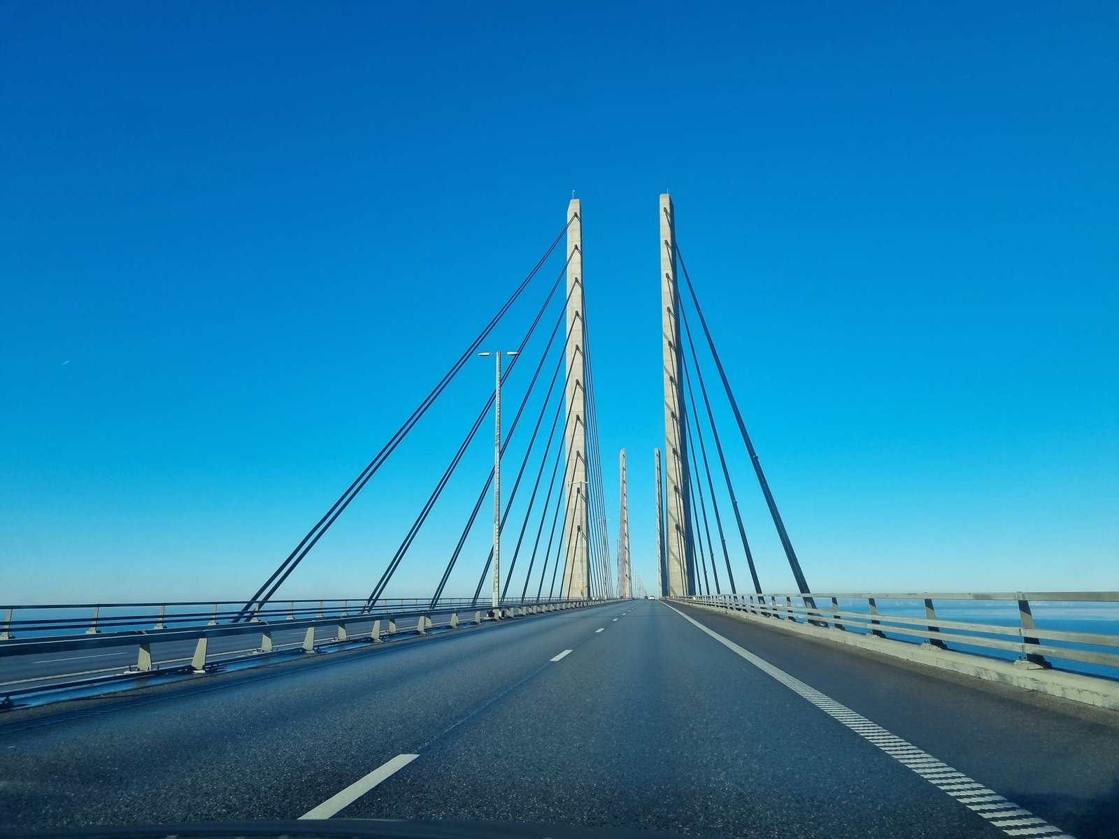 The twin pylons of the Øresund Bridge with their stay cables above the Øresund strait