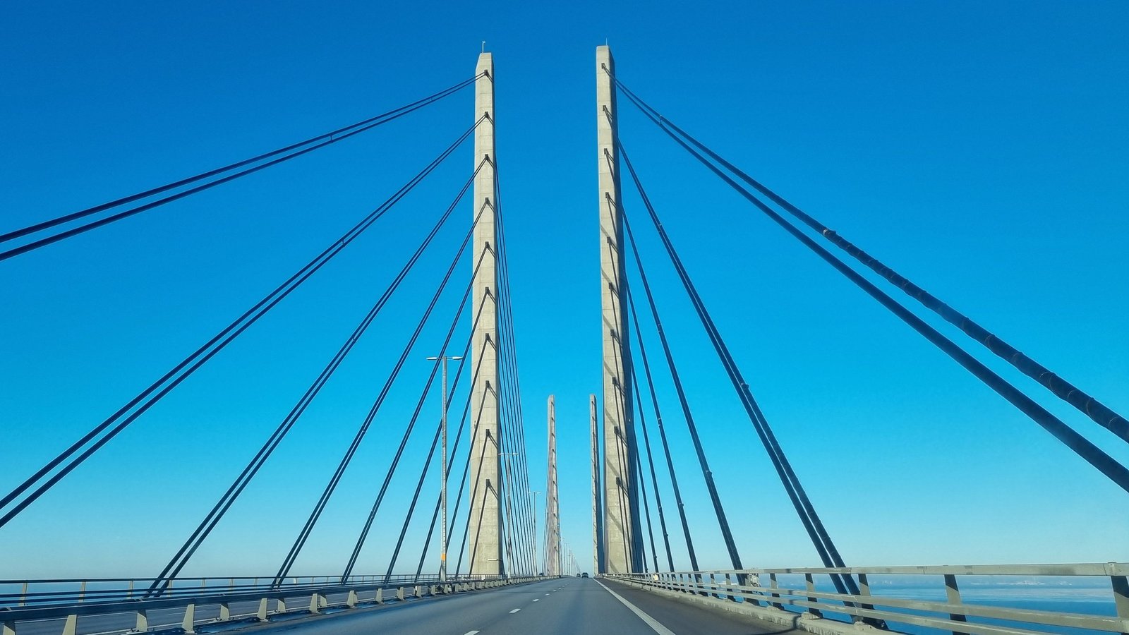The Øresund Bridge between Denmark and Sweden, with its two pylons above the road