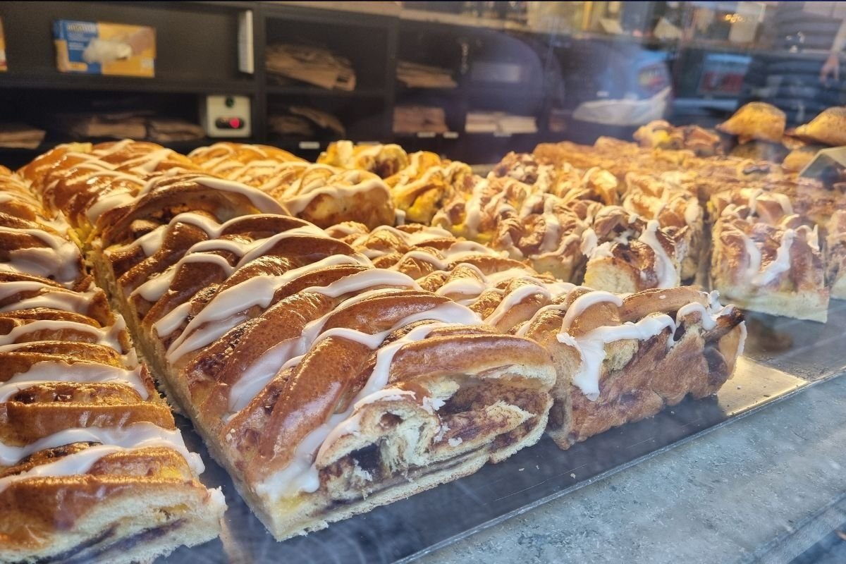 Cinnamon pastries on a bakery counter