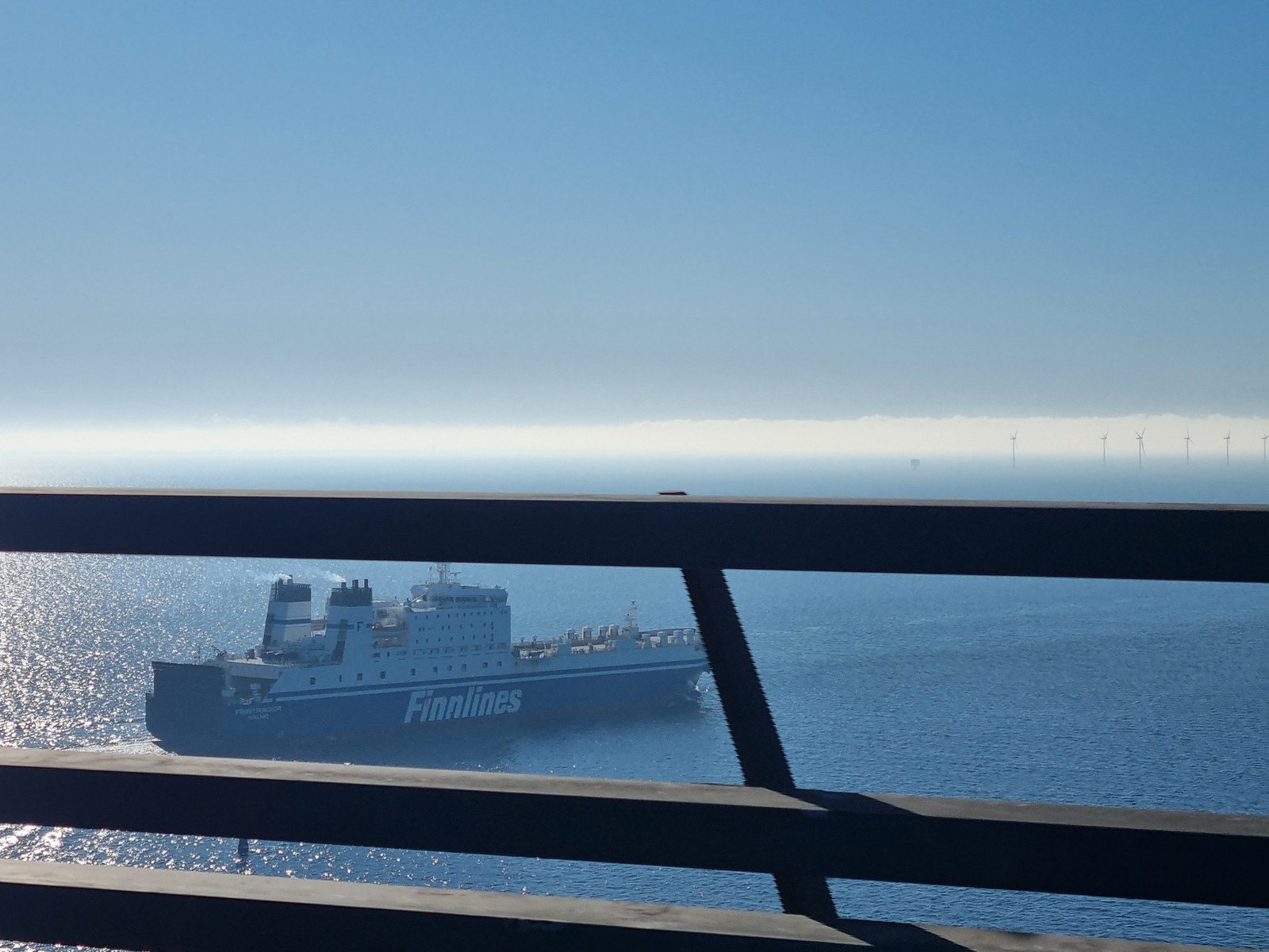 View from the Øresund Bridge of a Finnlines ferry and the Lillgrund wind farm